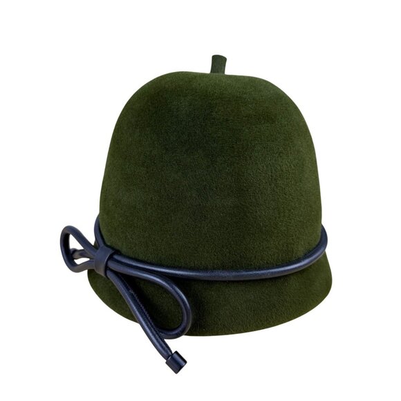 Womens Green Wool Cloche Hat With Black Leather Bow Accent - Picture 7 of 11